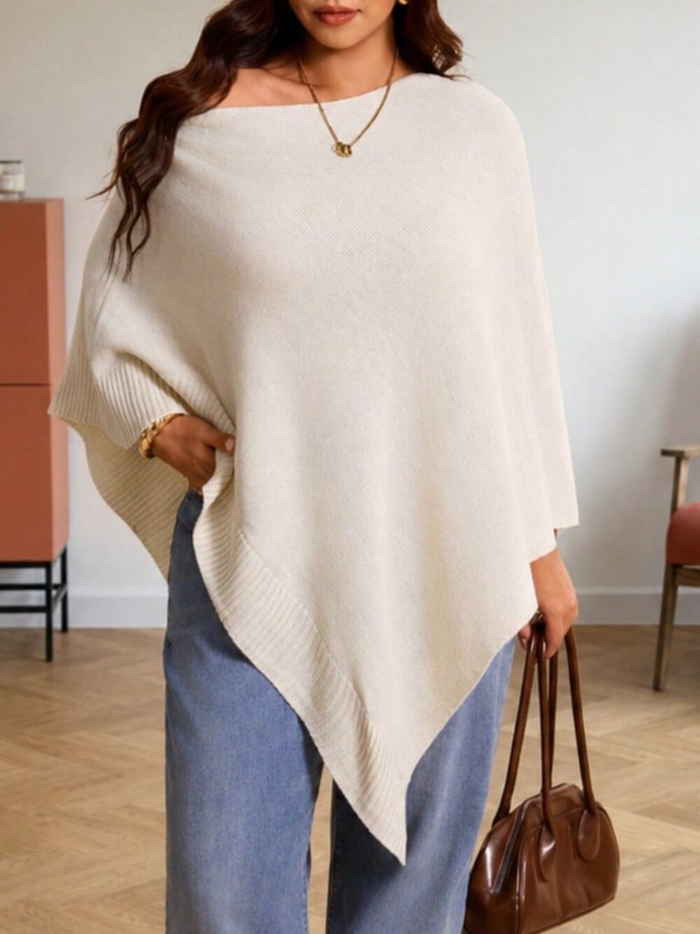 Apricot Casual Women's Shoulder Batwing Sleeve Asymmetrical Hem Sweater